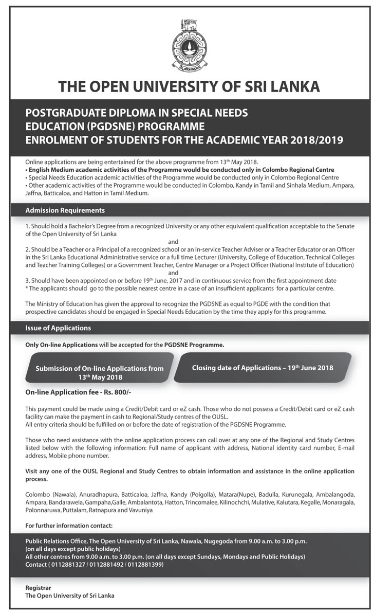 Postgraduate Diploma in Special Needs Education (PGDSNE) Programme (2018/2019) - The Open University of Sri Lanka